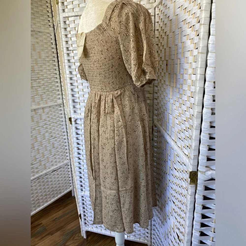 NWT Hem & Thread Taupe Floral Off Shoulder Puff Sleeve MIDI Dress size S - Picture 15 of 15